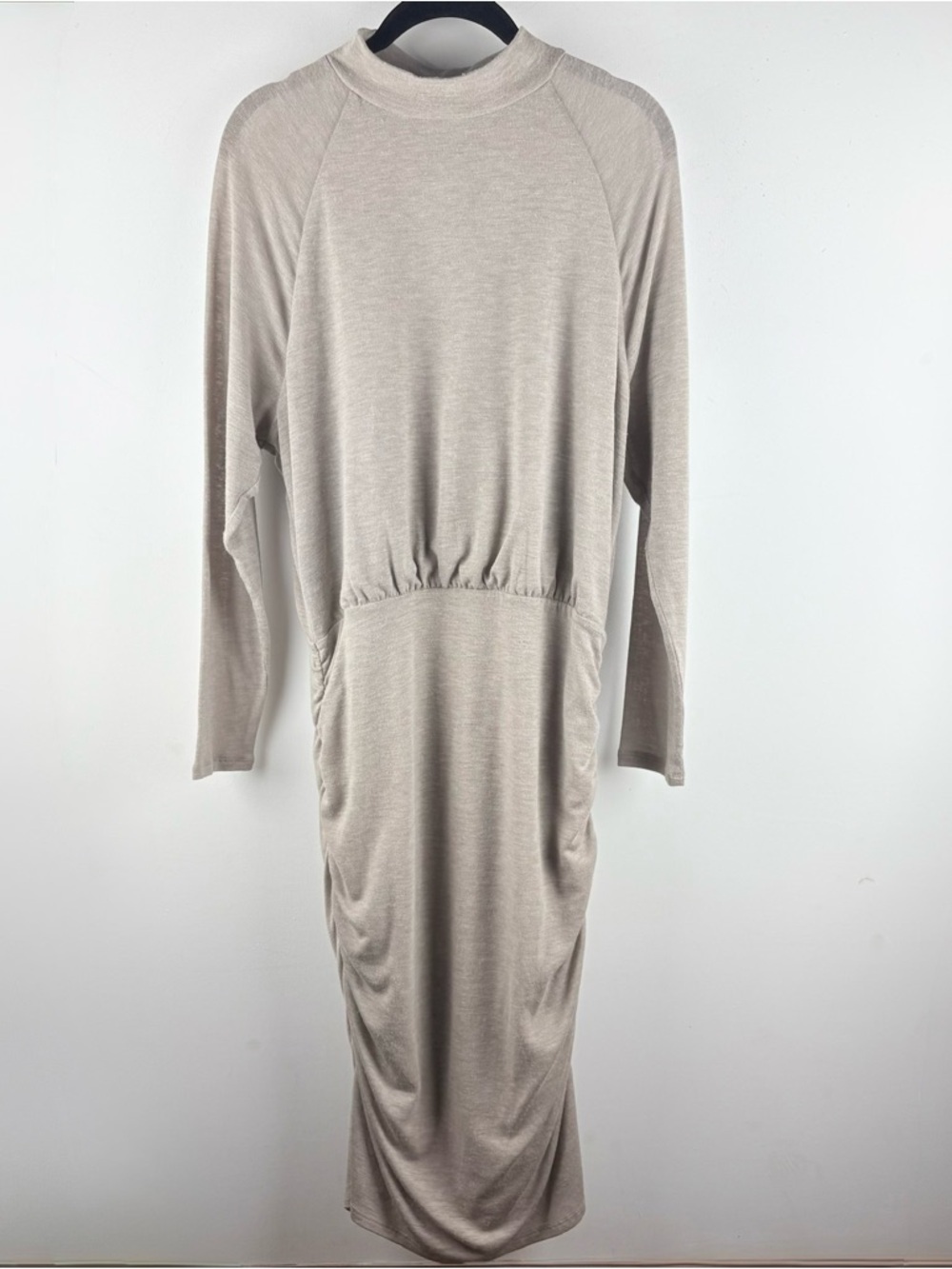 Express Beige Mock Turtleneck Long Sleeve Ruched Knit Midi Chic Dress Medium